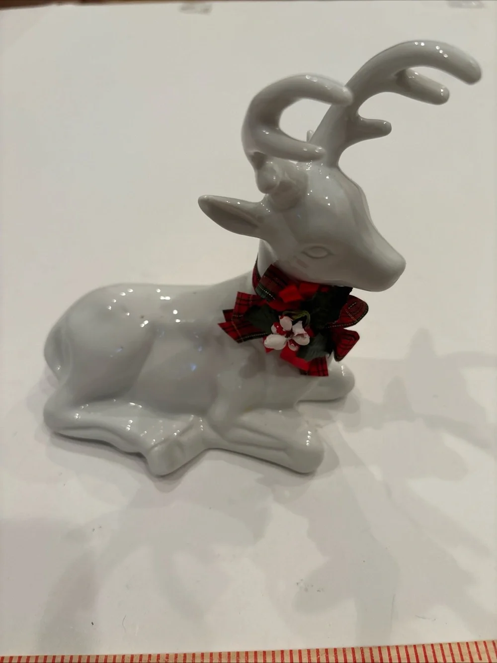 Set of 3/White Ceramic Reindeer Holiday Figurines w/ Red Plaid Bows-Christmas